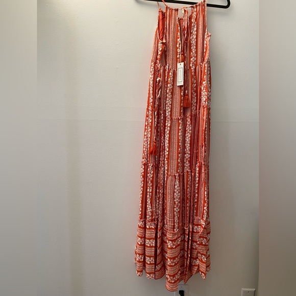 NWT Rust Tasseled Drawstring Halter Neck Maxi Dress with self Tie Boho - Picture 7 of 10